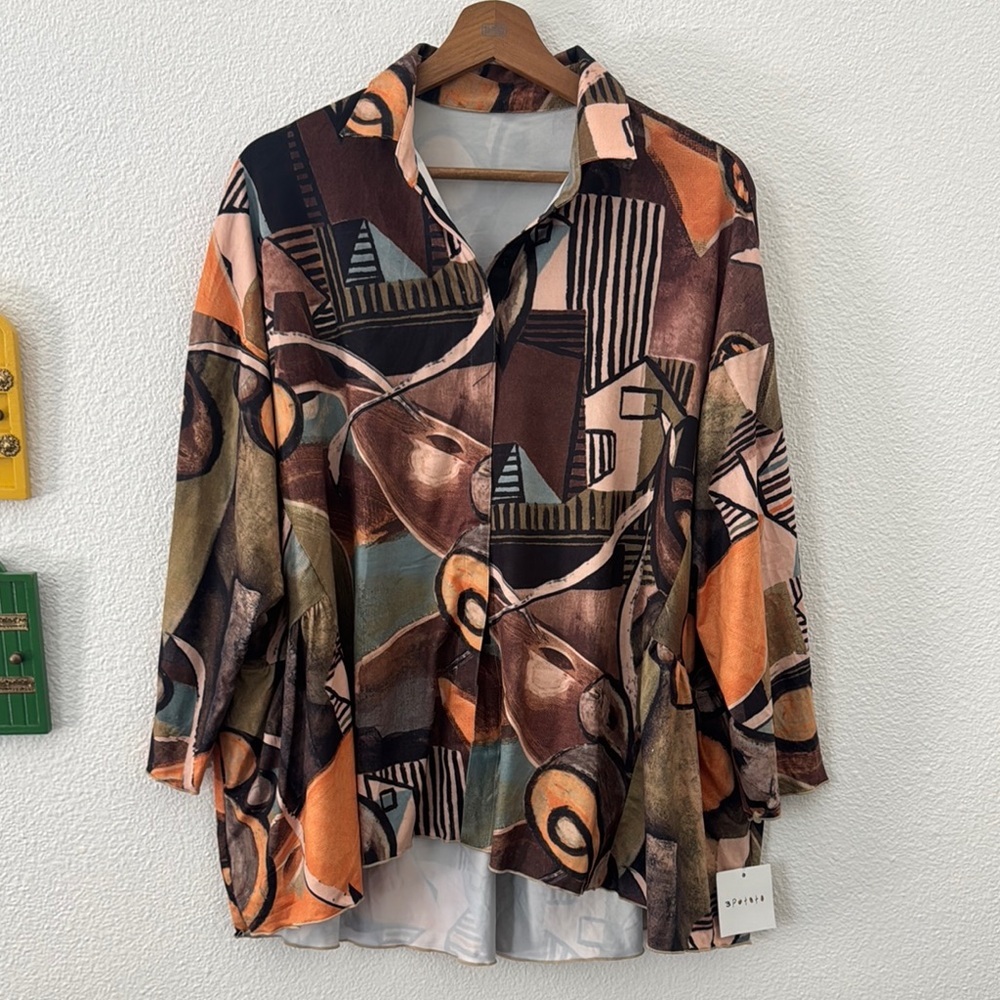 3 Potato Size Large/Extra Large Button Up Top Collar Blouse Tunic Artsy Printed